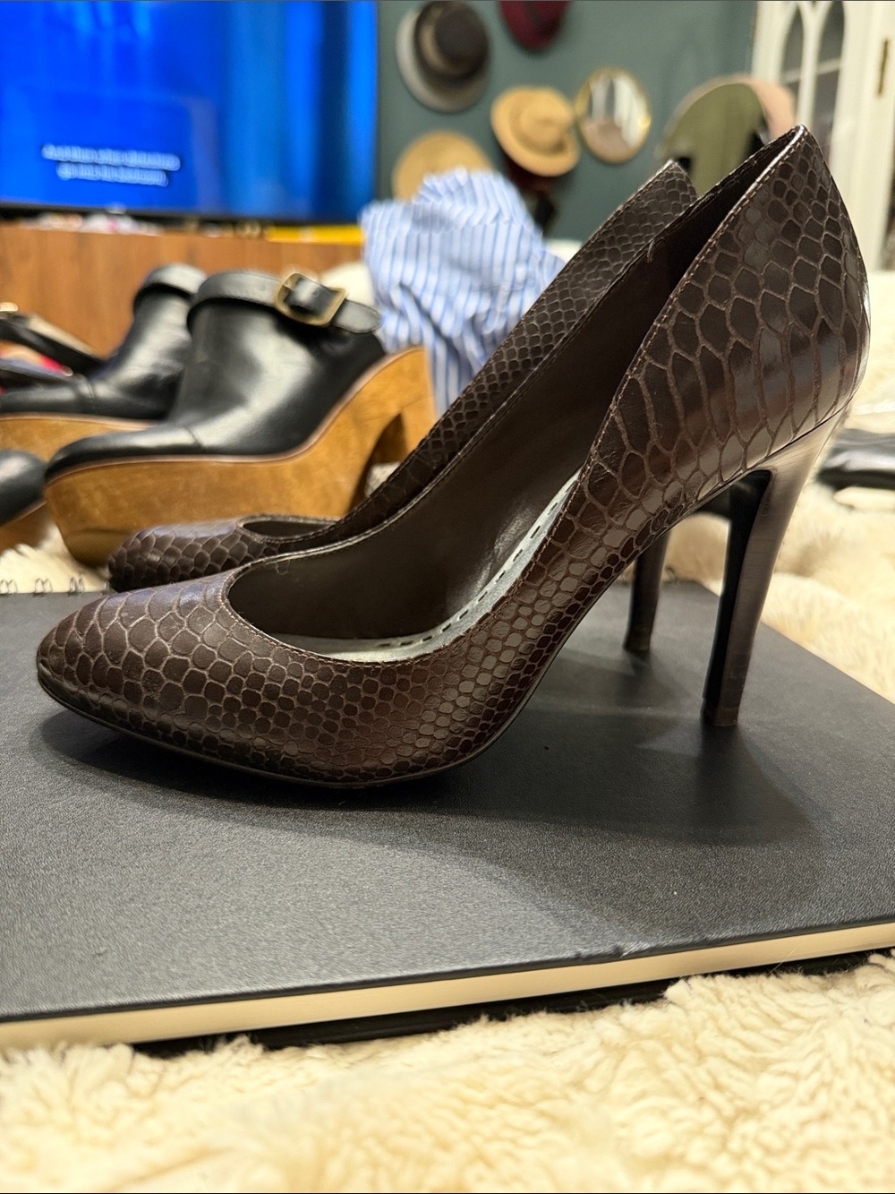 Gianni Bini Dark Brown Snake-Embossed Stiletto Pumps